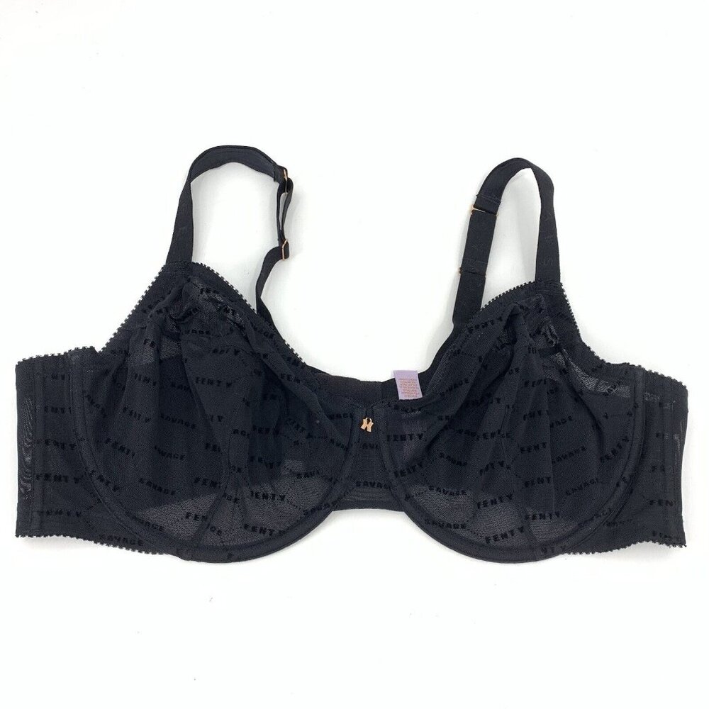 40DD Savage X Fenty Bra Sheer Black Flocked Logo Unlined Underwire